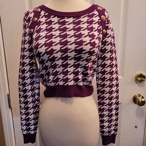 Houndstooth Crop Cropped Sweater Sexy Purple Print Gold Buttons Preppy Large